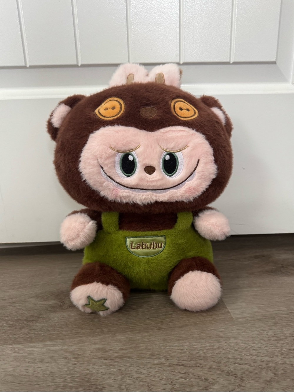 Labubu Inspired Brown Plush Green Overalls 14”